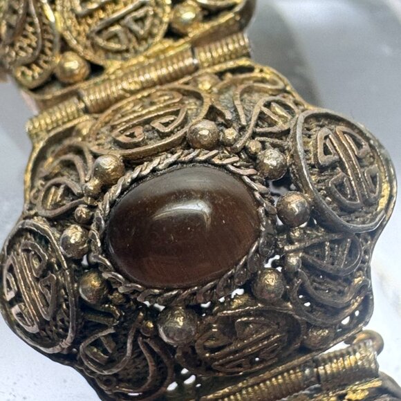 Vtg Chinese Export Bracelet Tiger's Eye Cabochon Silver Gilded Vermeil Filigree - Picture 4 of 16